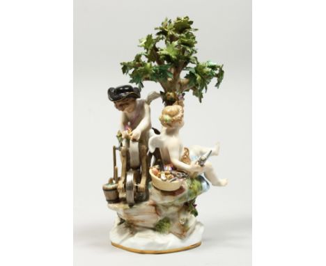 A GOOD MEISSEN PORCELAIN GROUP, CUPID BENEATH A TREE sharpening an arrow and a cherub holding an axe. Crossed swords mark in 