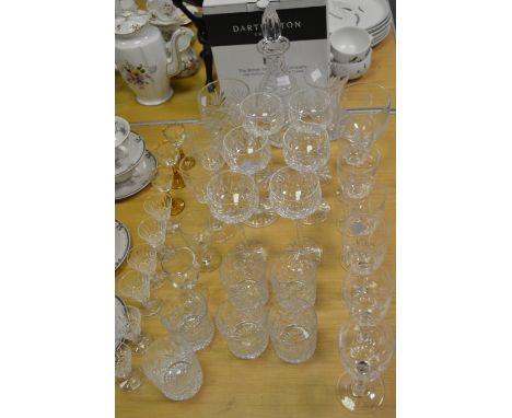 Glassware - a cut glass decanter; Waterford crystal type tumblers; hock glasses; cut glass vase; etc qty 