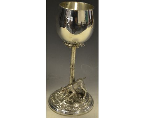 A Sheffield heavy gauge cold cast goblet, the stem cast as a tree trunk, on a stepped circular base mounted with a Gun Dog