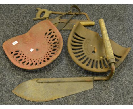 Agricultural salvage - a P. Pierce, Wexford tractor seat; another Victor; hand saw, wool shears, heavy duty sickle; etc. qty.