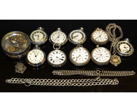A silver pocket watch; others (4) an Ingersoll chronometer; a silver fob chain and fob; watch keys; etc