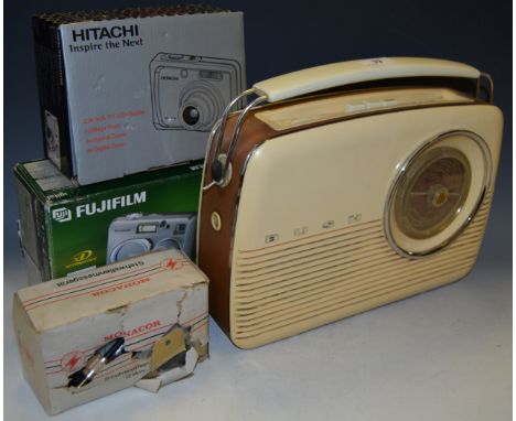 A Vintage Bush Radio; a German CB radio frequency tester Monacor SWR.5; Hitachi camera, boxed; Fuji camera (4)