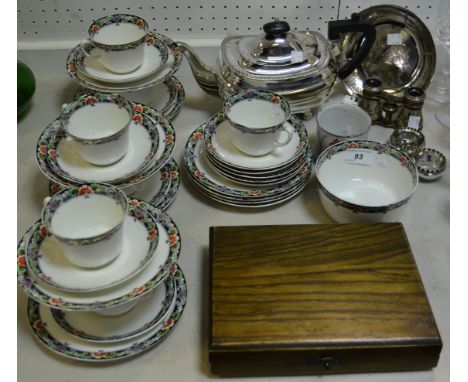 A Victorian Staffordshire part tea service; an oak cased set of fish knives and forks; a Queen Victoria Diamond Jubilee ename