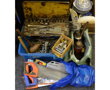 Tools - various spanners, clamps, plumbing pipe hammers; etc  
