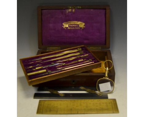 Scientific Instruments - a 19th Century cased compass set by Compass Superiors, cartouche inscribed R Wilson; a J P Cutts Sut