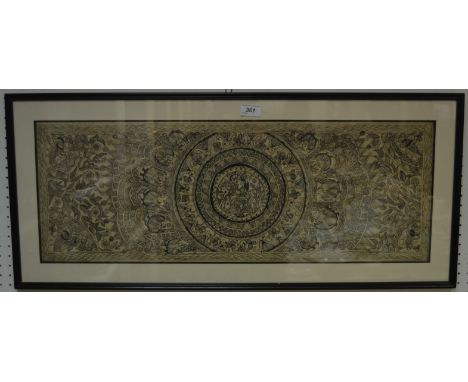 An Indian ink sketch Mandala, central deity within banded floral border  27 x 75cm;  another interior scene., 35 x 20cm (2)