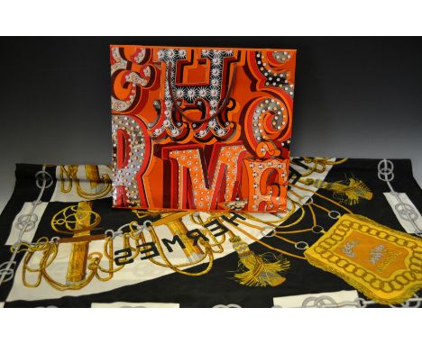 A Hermes type Cliquetis printed scarf;  84.5cm square;  Hermes paper carrier bag (2)