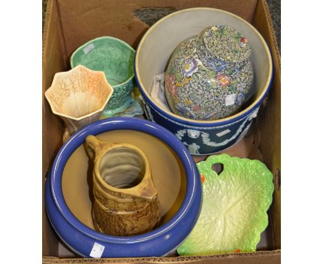Ceramics- a Wedgwood jasperware large jardiniere, a Lovatts Langley jardiniere, a Copeland Spode Kings pattern ginger jar; et