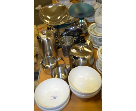 An Old Hall four piece tea service; Villeroy and Boch cereal bowls; Kitchen scales and weights;  qty 