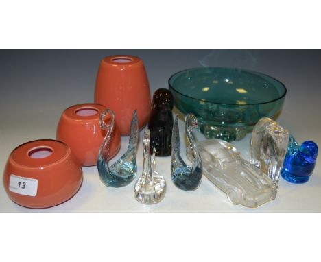 Studio Glass - a Wedgwood glass dog paperweight;  another Goebel elephant; a Zwiesel glass terracotta coloured trio of vases;