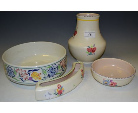 Poole Pottery - a floral waisted vase;  fruit bowl, sugar bowl; etc printed marks (4) 