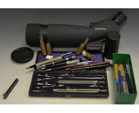 Scientific Instruments - a cased set of Thornton drawing instruments; pens; an Inpro Optigra lens cased ;  etc 