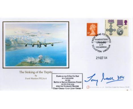 WW2 Sqn Ldr Tony Iveson Signed the Sinking of the Tirpitz Flown First Day Cover. Image Shows Frank Wootton Artwork of a Lanca
