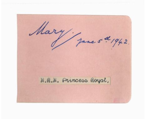 Mary, Princess Royal and Countess of Harewood signed 4x3 album page dated June 5th, 1942. Mary, Princess Royal and Countess o