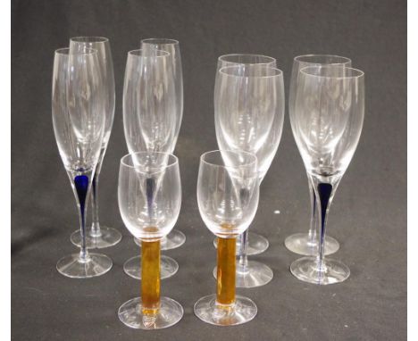 Eight Orrefors "Intermezzo" stemmed glasses comprising 4 champagne flutes and 4 red wine glasses, in original boxes, together