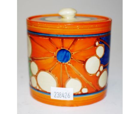 Clarice Cliff fantasque "Umbrellas &amp; Rain" jam pot 7.5cm high. Restoration to the lid.