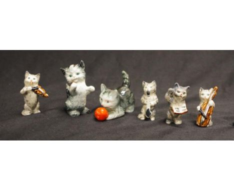 Two Goebel cat figures one with Gobel marking, the other a sticker, height approx 8cm, with a set early Beswick cat orchestra