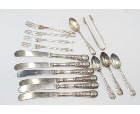 Quantity of various sterling silver flatware all with English hallmarks and makers marks, including 6 butter knives with weig