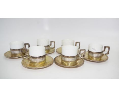 Set of six German silver Demi tasse cups &amp; saucers marked 800, pierced cup holder with white porcelain cup insert, approx