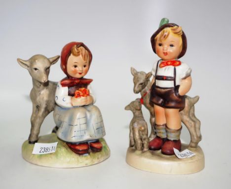 Early Goebel Hummel girl and boy with lambs marks circa 1955,  height tallest approx 13cm