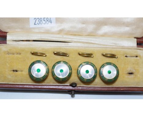 Cased set four vintage MoP buttons each button with Mother of Pearl inlay, with connecting rings, in fitted case.