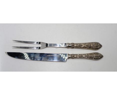 Thai repousse silver handled carving set marked sterling, fork &amp; knife