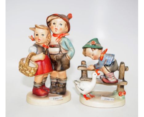 Goebel Hummel boy and girl with basket 94 3/0 W. GERMANY height approx 13.5cm together with an early boy and goose figure