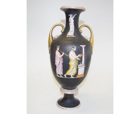 Large Prattware black glaze vase with 2 gilt handles, Etruscan decoration, circa 1870, height approx 42cm