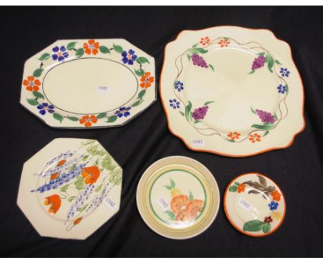 Five hand painted Honeyglaze plates all from the Wilkinson factory, C:1930. Patterns attributed to Clarice Cliff.