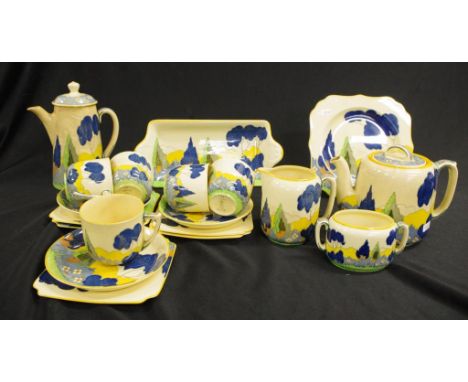 Royal Doulton art deco 'Arcady" part teaset C:1930 to include teapt, hot water, cream &amp; sugar, 2 cake plates, 3 saucers, 