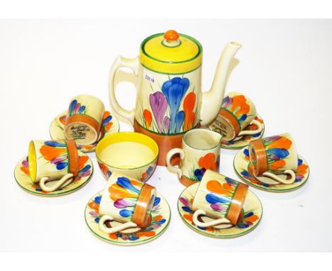 Clarice Cliff Bizarre "Crocus" coffee set to include Coffee Pot, six each coffee cans & saucers, cream & sugar bowl. Pot 20cm