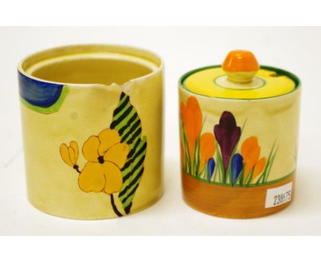 Clarice Cliff bizarre honey pot (as found) i) Crocus honey pot, cracked & small chipii) Lodore, chipped and no lid.