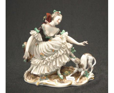 Naples lace figurine of a young lady and dog width 18cm approx