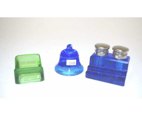 Vintage Royal Blue glass ink well/stand together with a Royal Blue glass paperweight, and a Lillicraps advertising Uranium gr