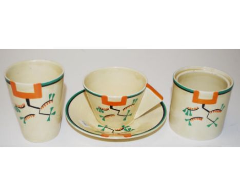 Clarice Cliff Bizarre "Ravel" Conical cup & saucer together with a matching beaker and a jam pot (no lid).Beaker 9.5cm.