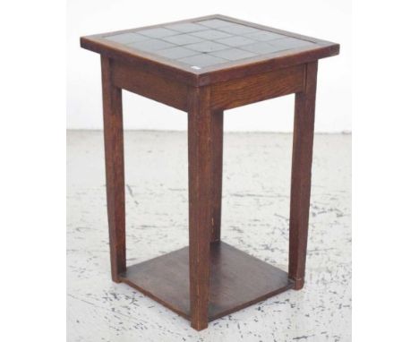 Mid century oak tile top table 37cm x 37cm, 54cm high approx