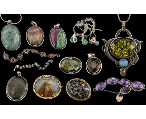 Superb Collection of Sterling Silver Stone Set Jewellery Pieces ( 15 ) Pieces In Total. All Marked for 925 Silver, Includes B