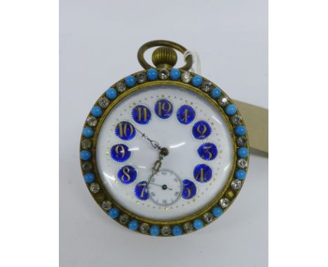 Early 20th century French bubble clock, the blue and white enamelled dial with Arabic numerals and a subsidiary seconds dial,