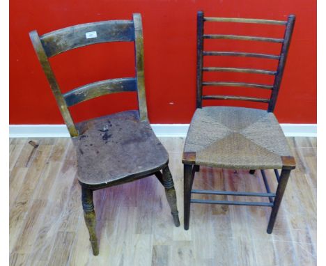 A 19th Century ladder back chair, having a ropework seat & raised on turned supports and a 19th Century kitchen chair (a lot)