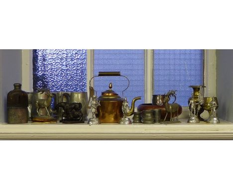 Mixed lot of metalwares to include a copper kettle, brass bowl, pewter stag figures and a hip flask etc 