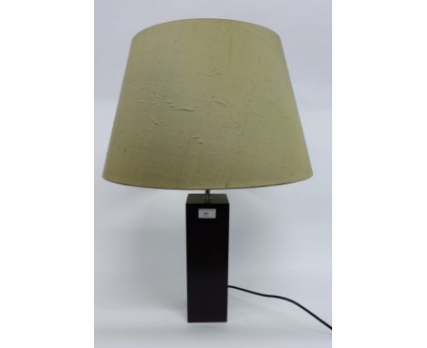 Contemporary darkwood block table lamp base, complete with cappucino coloured silk shade 