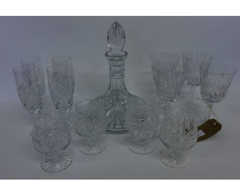 Thomas Webb crystal drinking glasses to include red and white wine glasses, brandy glasses together with a crystal decanter a