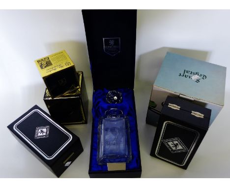 Miscellaneous boxed crystal to include an Edinburgh Crystal vase, bell and etched Golfer spirit decanter, together with Stuar