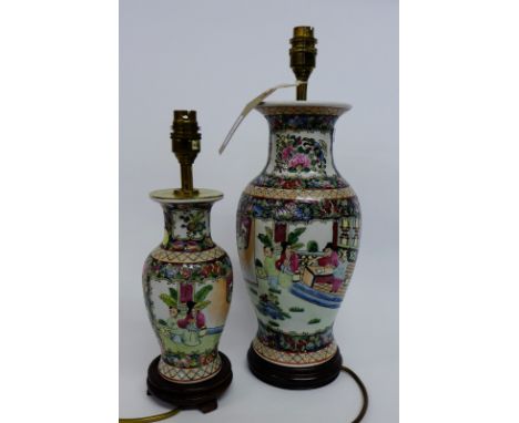 Contemporary Chinese baluster pottery table lamp base, 34cm high, together with another smaller (2)