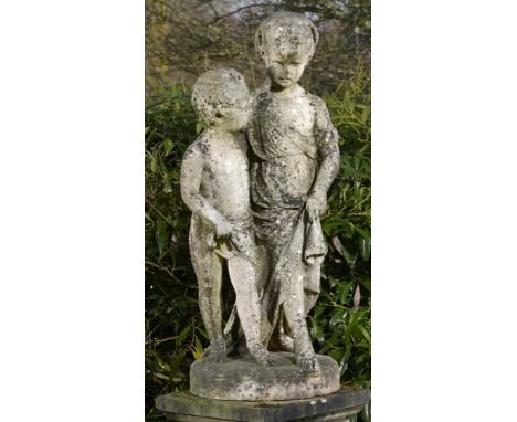 Garden Statuary: Joseph Durham: A carved white marble group of two childrentitled ‘Trying the lesson’ and signed J Durham120c