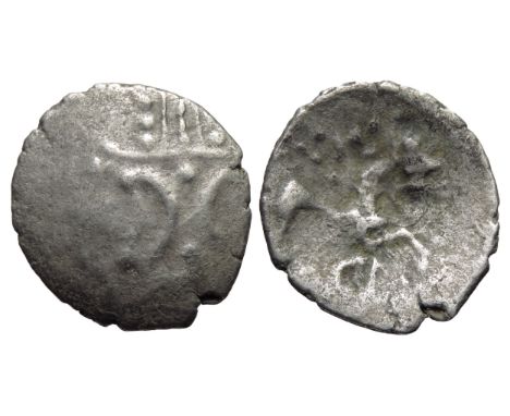 Iceni ECEN stepping horse silver unit. Circa 10-43 AD. Double crescent emblem on verticle wreath. R. Horse stepping right, so