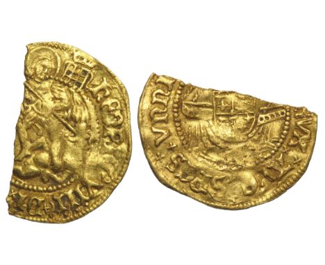 Henry VIII half angel (broken). First coinage, 1509-26. St Michael with spear, dragon at his feet, HENRIC VIII DI [ ]. R. Shi
