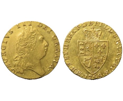 George III guinea 1798. Fifth laureate head right, GEORGIVS III DEI GRATIA. R. Crowned shield of arms, date below. Gold, 8.1g