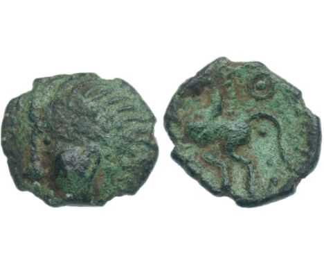 Dubnovellaunos Hairy Bronze Unit. Circa 5 BC-10 AD. 1.89g. 16 mm. Head left, curved wreath from pellet in ring above. R. Hors