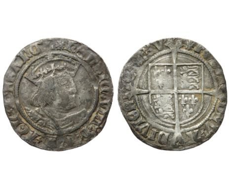 Henry VIII groat. Second coinage, 1526-44. Crowned bust right, HENRIC VIII D G R AGL Z FRANC. R. Shield over cross, mint mark
